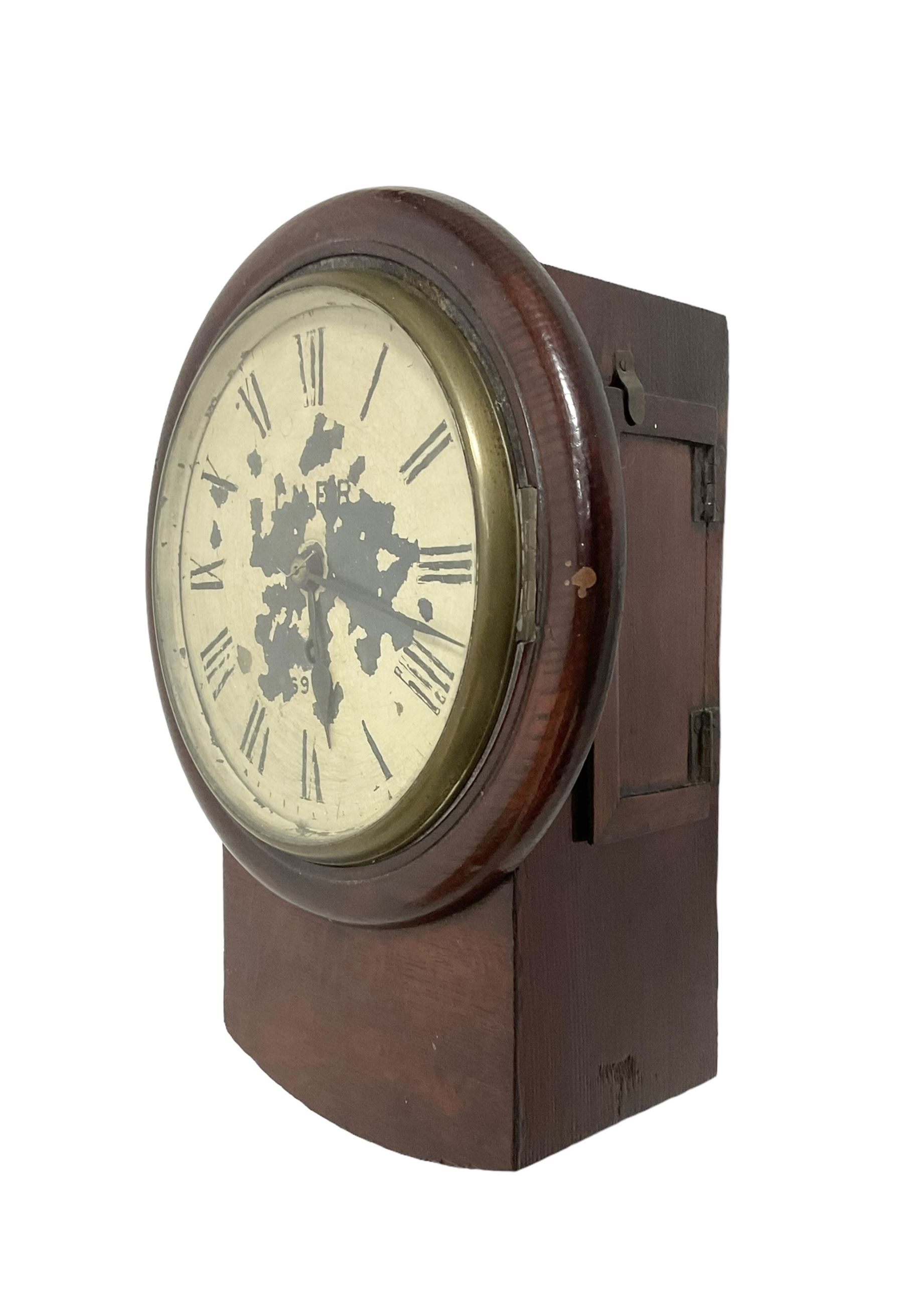 LNER - late 19th century single train 8-day fusee drop dial wall clock in a mahogany case with a side and pendulum adjustment door,  8