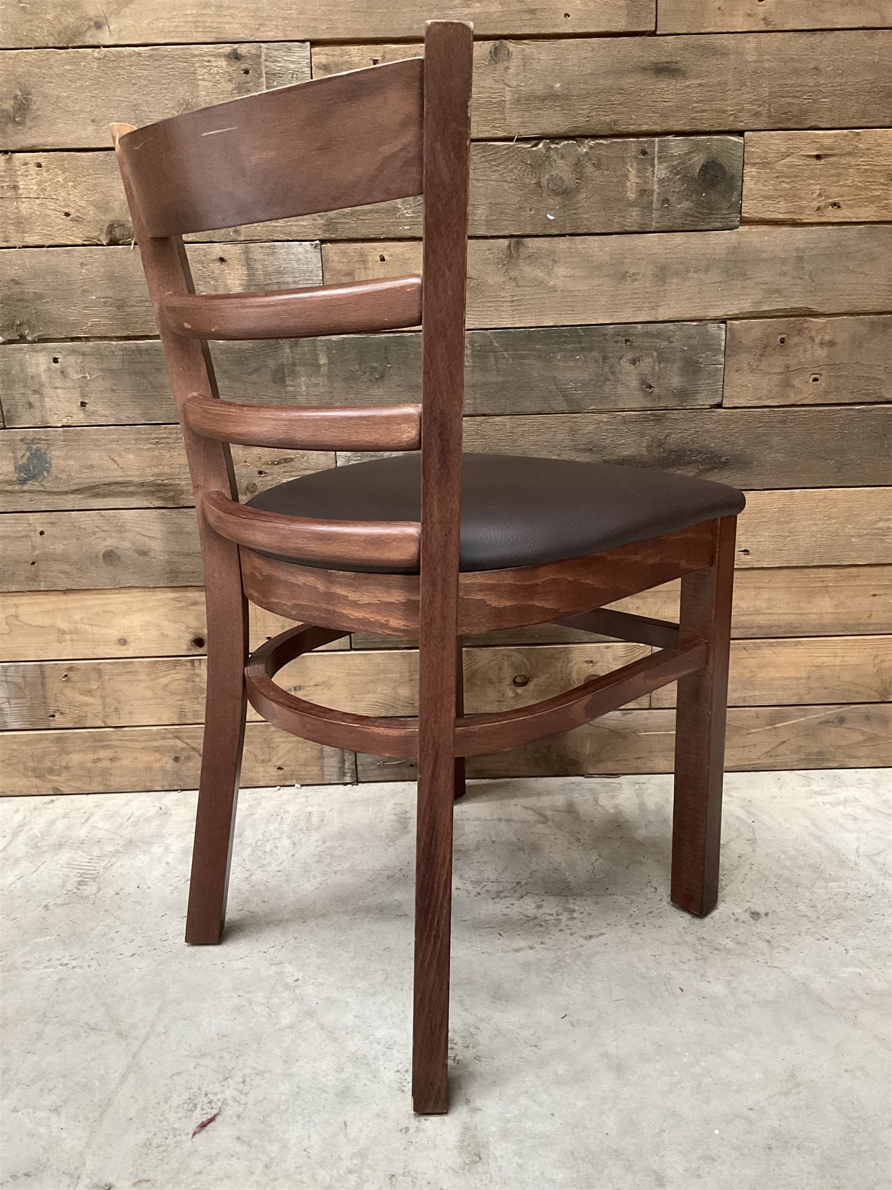 12 x dark walnut low back restaurant chairs, faux leather seat