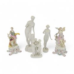 Two Sampson Four Seasons figures, together with three female bisque figures, tallest H29cm