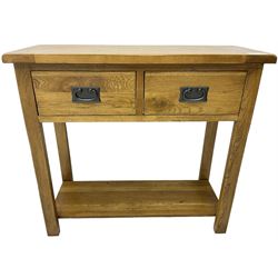 Light oak console table, rectangular top over two drawers, on rectangular supports united by under-tier