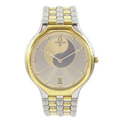 Omega gold and stainless steel quartz wristwatch, Cal. 1441, grey and champagne Yin Yang dial, with  Egyptian Ankh hands and date aperture at 6 o'clock, on integrated Omega gold and stainless steel bracelet strap, with fold-over clasp