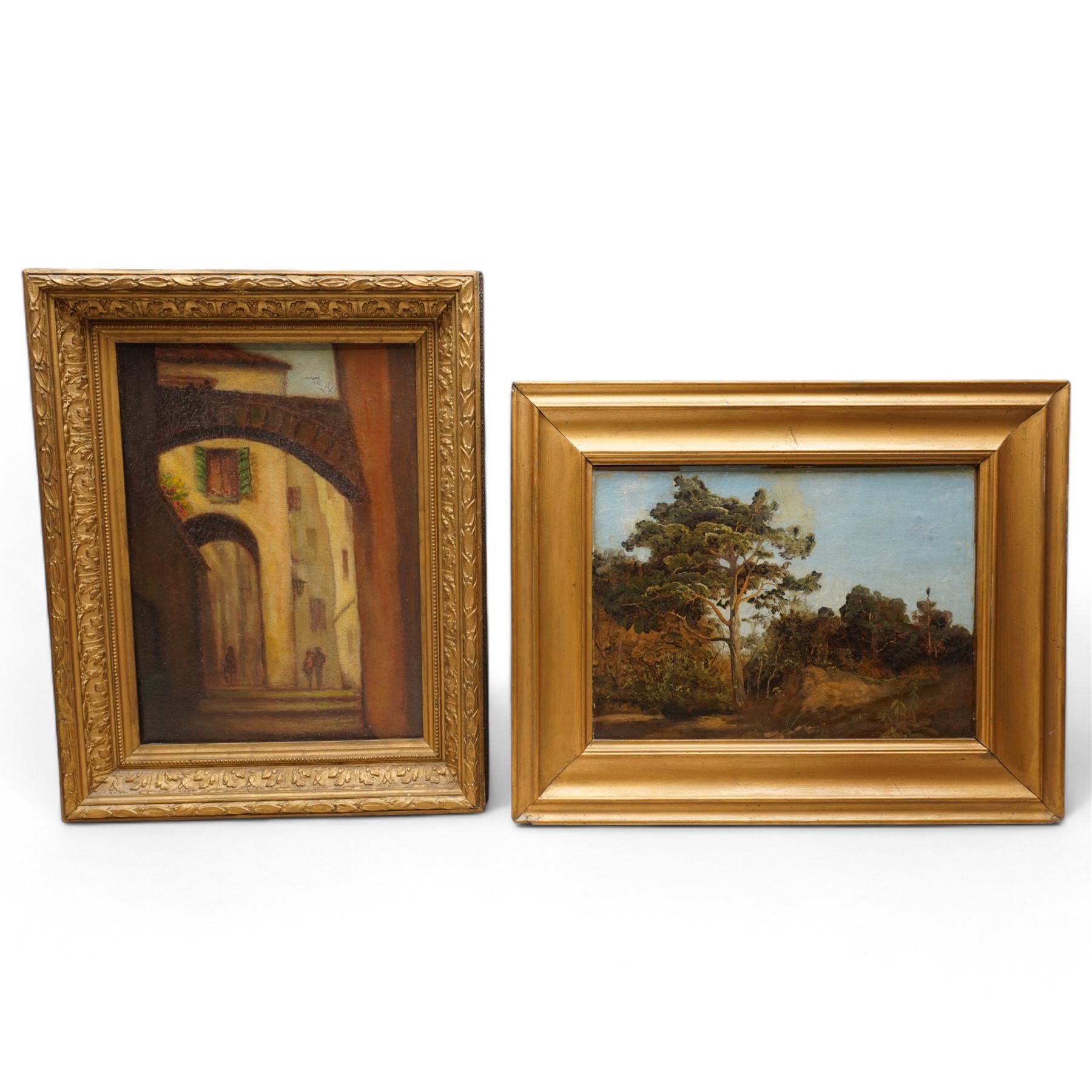 Continental School (19th Century) View Through the Archways, oil on board unsigned, in 19th century gilt frame 35cm x 25cm; German School (20th Century): Forest Path, oil on board indistinctly signed and dated 1842, 24cm x 34cm (2)