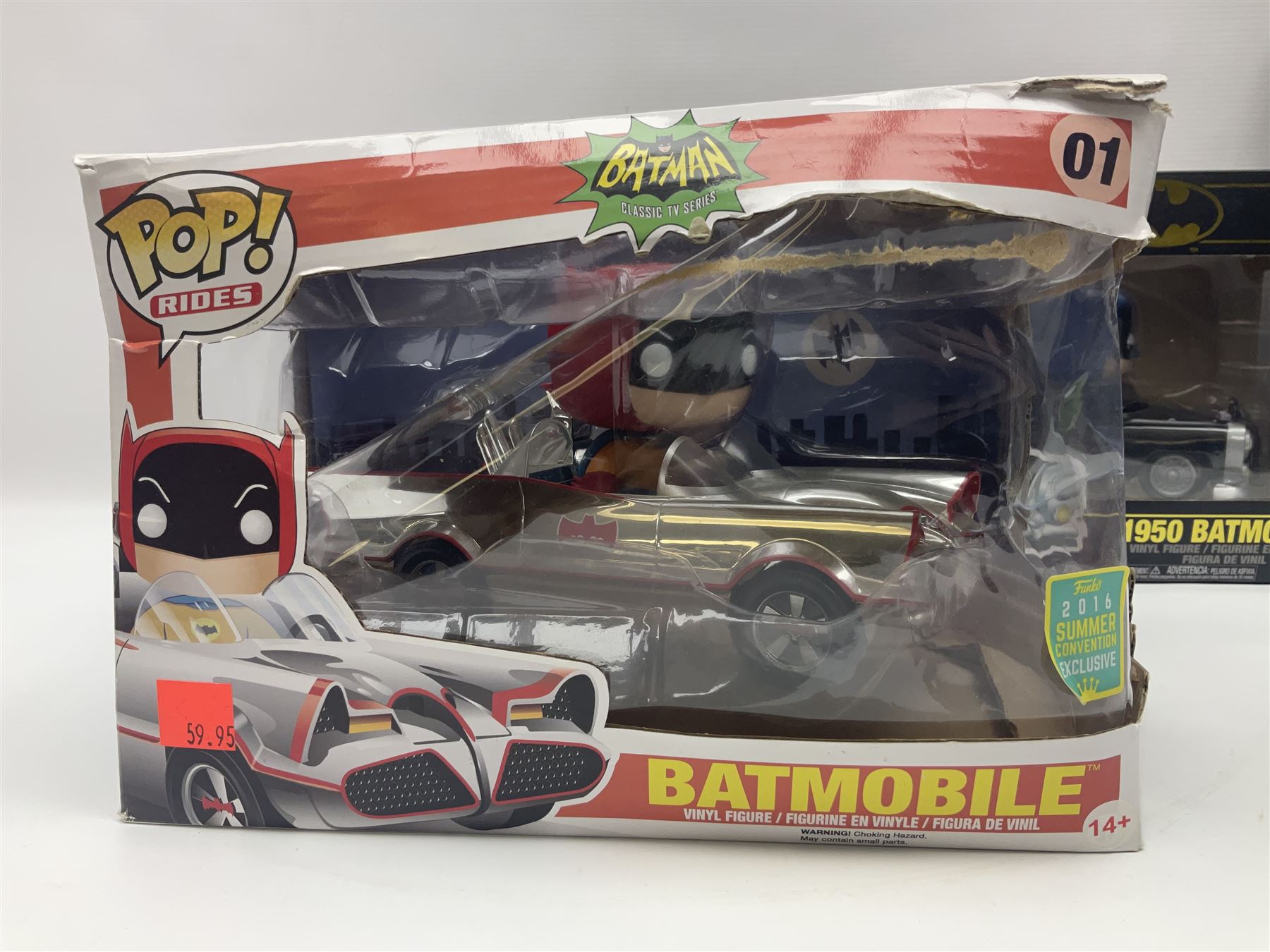 Thirteen Funko! Pop figurines of predominately Batman interest, to include 2016 ‘Batman Classic TV Series Batmobile’ and 2019 teal coloured ‘Batman’ Summer Convention exclusives, most in original boxes, with three similar boxed figures (16)