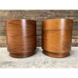 Pair of walnut circular barrel shaped lamp tables, fitted with single drawer