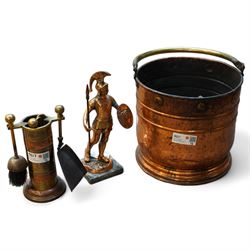 Copper and brass coal scuttle, companion stand and copper finish model of a roman soldier (3)