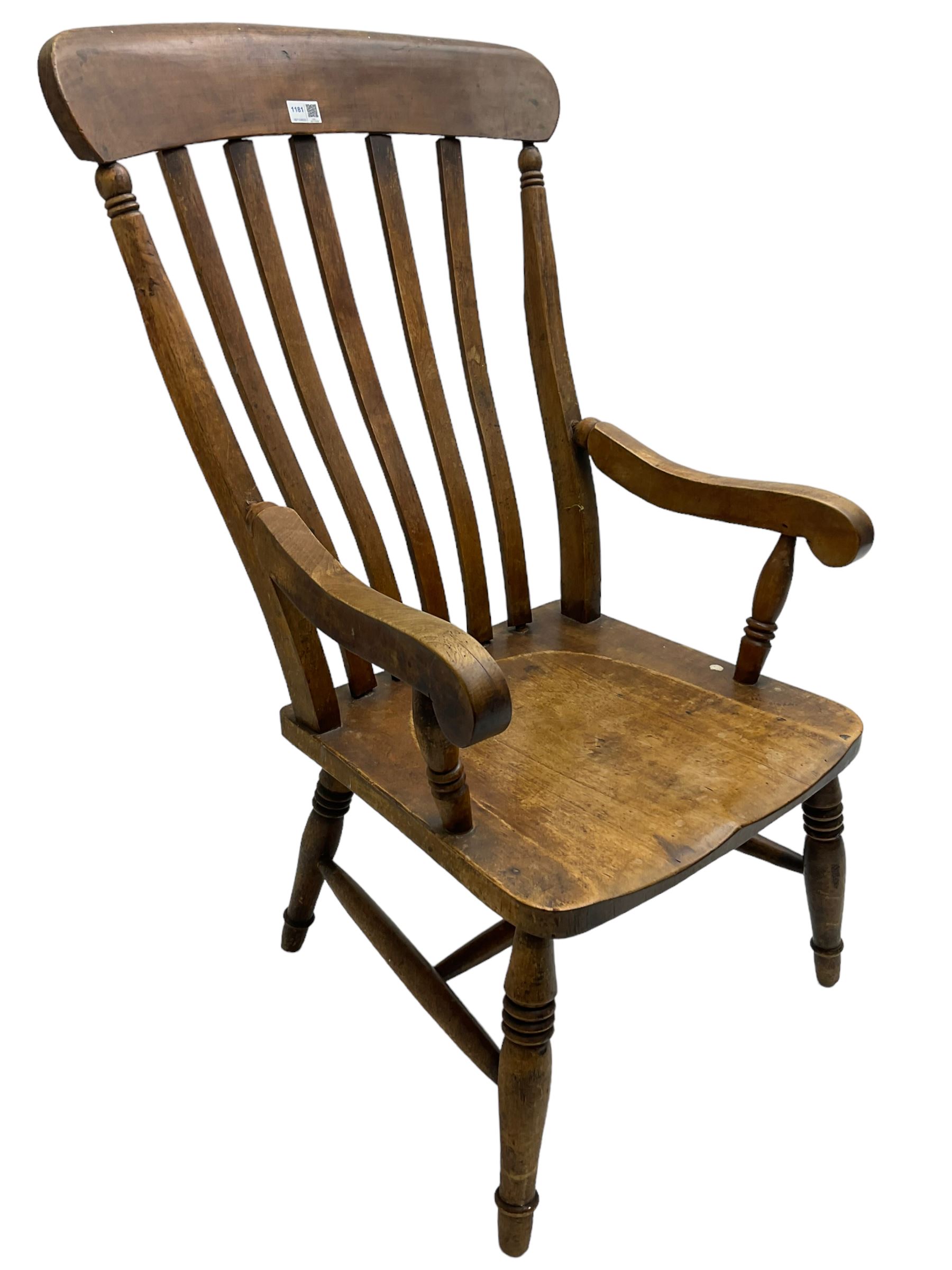 19th century beech Farmhouse armchair, shaped cresting rail over vertical slat back, dished seat on turned supports united by H stretcher 