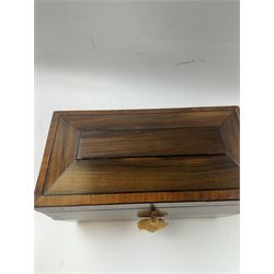 Georgian sarcophogus shaped tea caddy, with inlaid panels and twin lion mask handles, with mahogany compartmentalised interior, upon four bun feet, H22cm