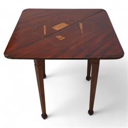 19th century walnut and Dutch marquetry triangular table, the triangular fold-over top reveals a panel of inlaid writing instruments, on square tapering and fluted supports terminating to spade feet 