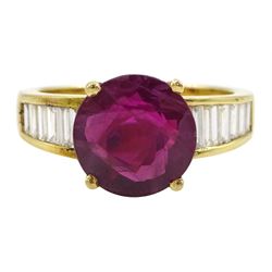 18ct gold single stone ruby ring, with channel set baguette cut diamond shoulders, ruby approx 3.25 carat, total diamond weight approx 0.85 carat