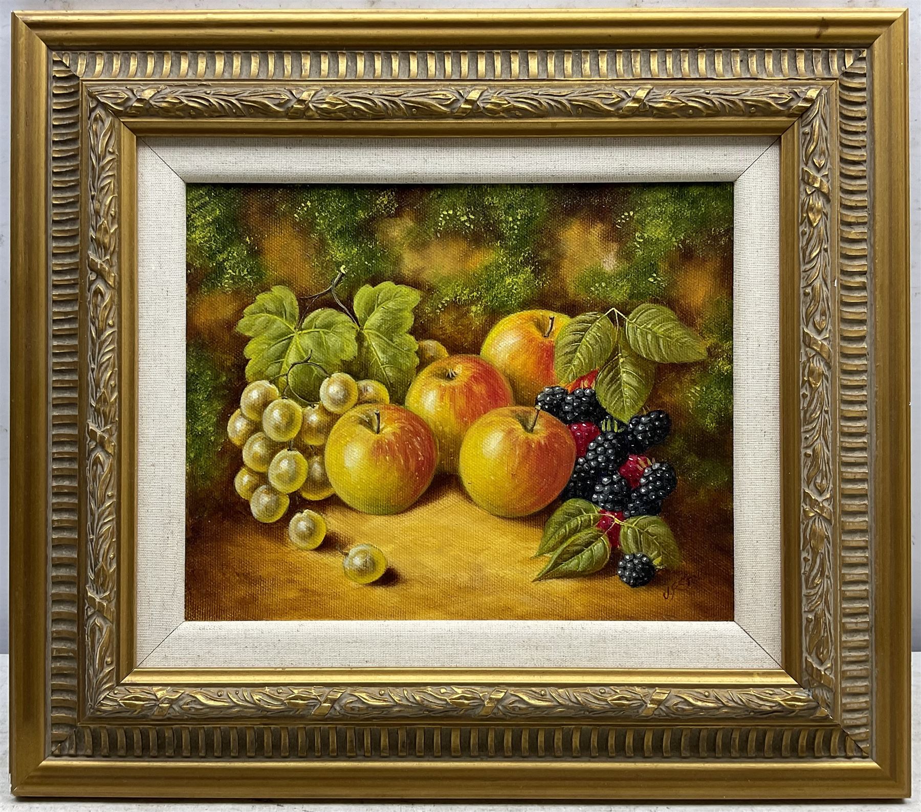 John F Smith (British 1934-): Still Life of Fruit, oil on canvas signed 20cm x 25cm 
Notes: Smith was employed by Royal Worcester as a fruit painter between 1950 and 1971.