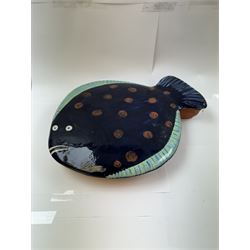 Studio pottery terracotta paella dish, modelled as a fish and finished in blue, green and brown glaze,  by Mary Hick Ceramics, Edinburgh, W44cm