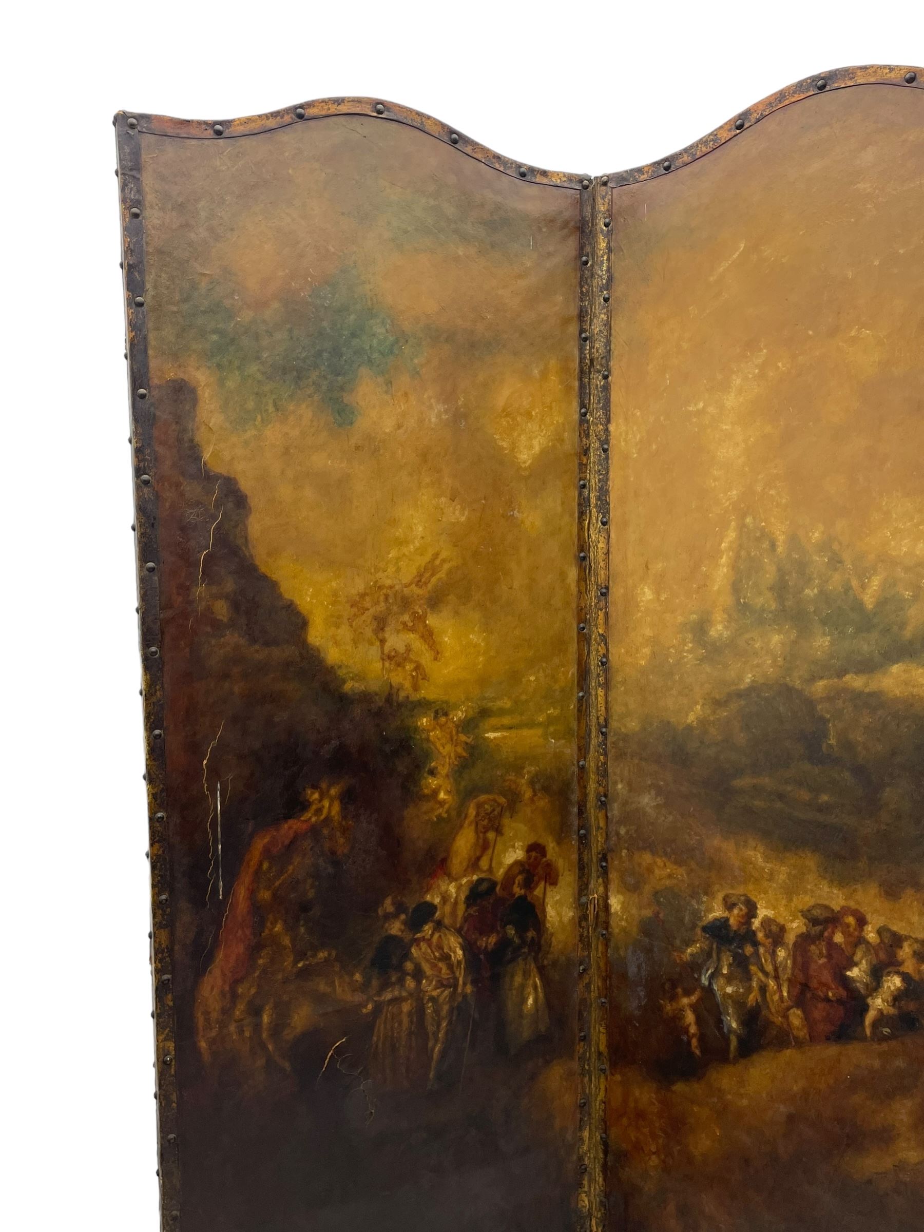 19th century four panel folding room screen, each leather panel painted with scenes from 'The Embarkation for Cythera' after Jean-Antoine Watteau (French 1684-1721), depicting a fête galante celebration with amorous couples and Cupids, with them a gilt statue of Venus, set within a classical capriccio landscape on the Greek island of Cythera, inscribed and titled verso with a verse from 'Ode on a Grecian Urn' by John Keats