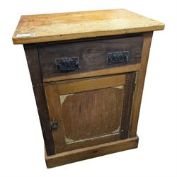 Late Victorian rustic pine pot cupboard, rectangular top over drawer and cupboard, on plin...