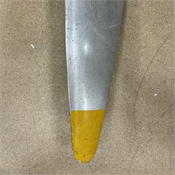 20th century aluminium twin blade aircraft propeller, polished finish with yellow painted tips, central hub with mounting holes, marked FR4322, L200cm