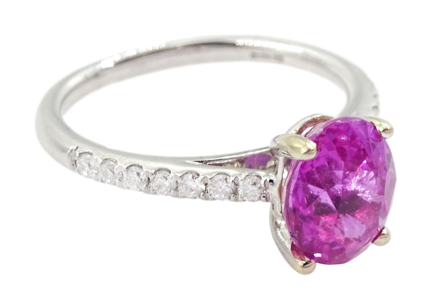 18ct white gold oval cut pink sapphire ring, with diamond set shoulders, hallmarked, sapphire approx 2.80 carat