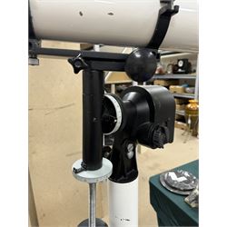 Tal-100R refractor telescope, the objective lens with dark purple coating and cylinder mounted with 6mm x 30mm finder scope, upon a pillar mount with right ascension clock drive, height when mounted H168cm, aperture 10cm, focal length 100cm 