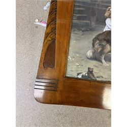 Arts and Crafts Motto frame, circa 1900, inlaid with an oval plaque depicting a cottage, two inlaid motto panels with title inlaid below 