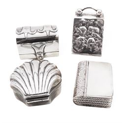 Four novelty miniature silver boxes, comprising coal scuttle, shell, trunk and bible, all hallmarked, tallest H3.5cm