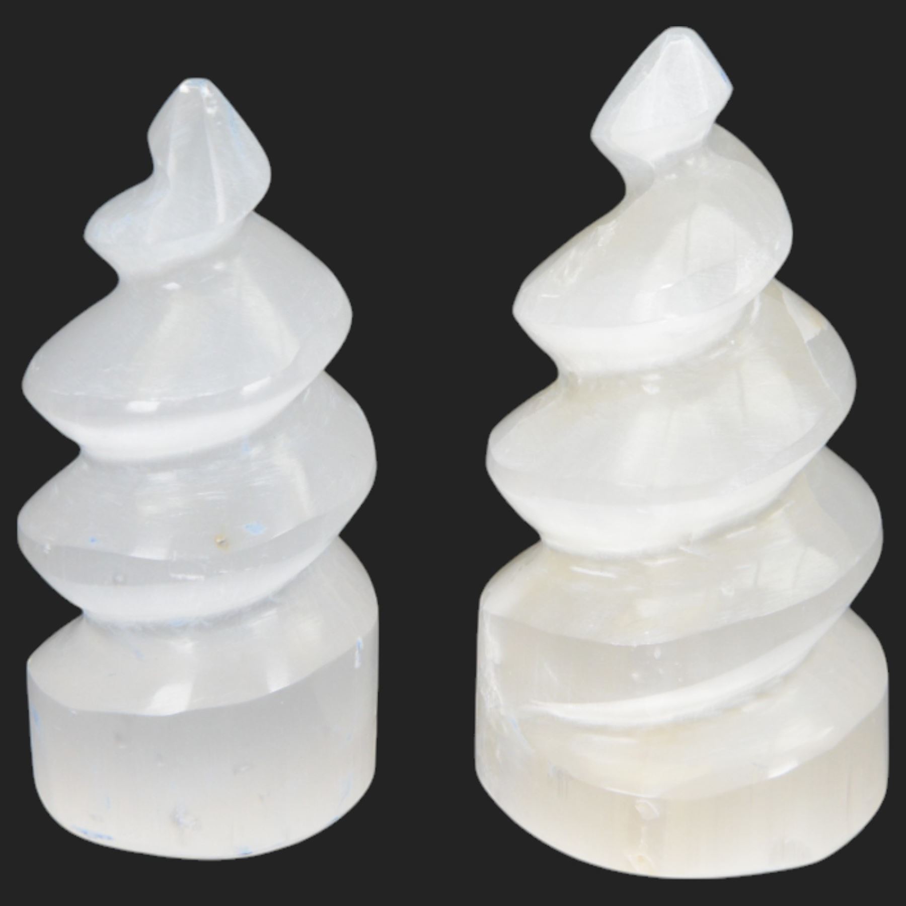 Pair of Selenite spiral towers, H10cm