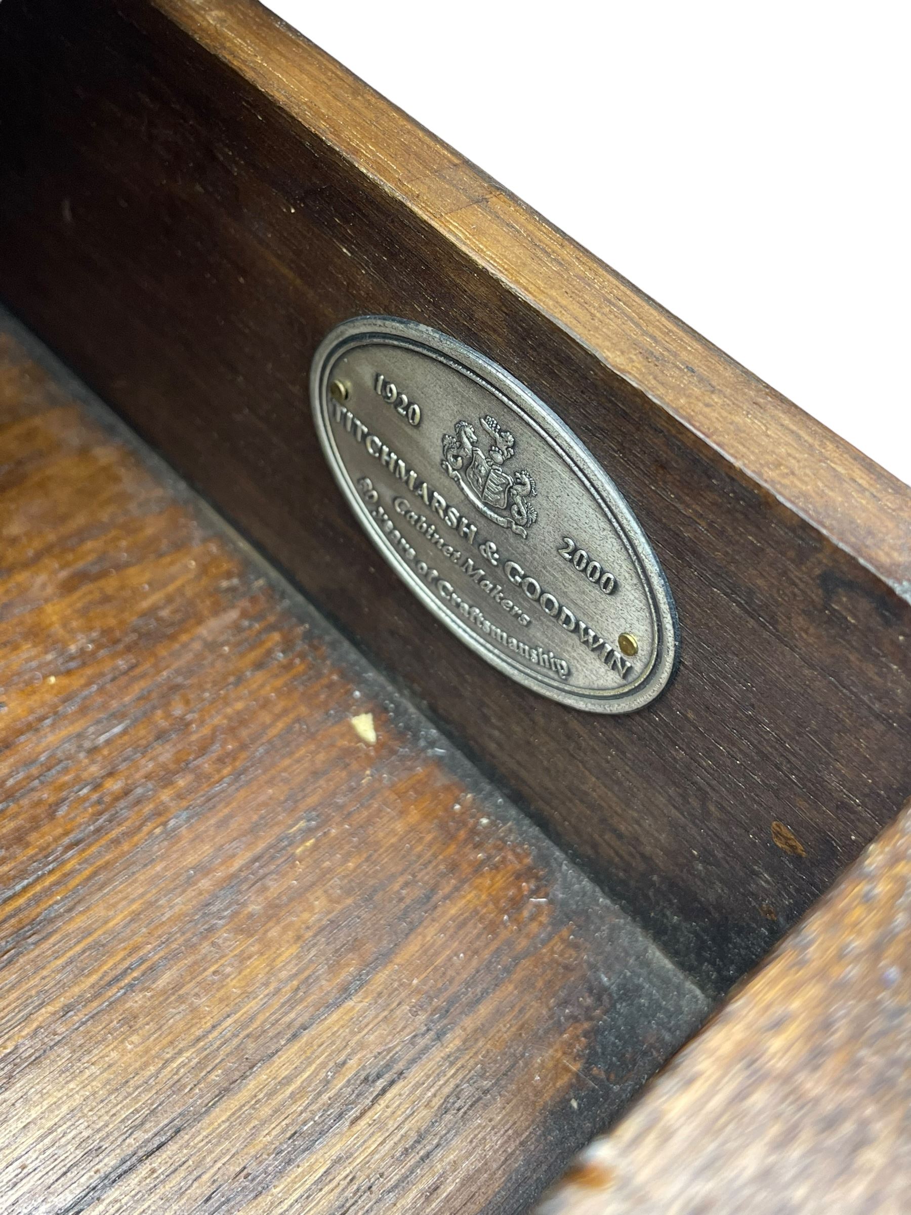 Titchmarsh & Goodwin - 17th century design oak drop leaf dining table, oval top with hinged drop leaves, single drawer to one side with applied makers label, baluster-turned supports united by stretchers