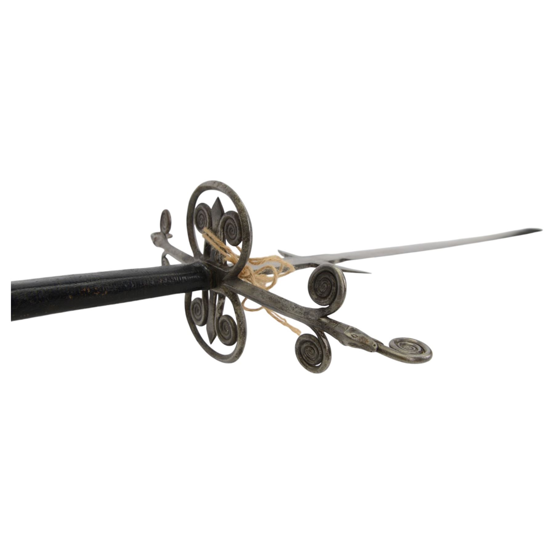 Reproduction  two-handed broad sword, with two small side lugs, quillons with coiled terminals, overall L168cm