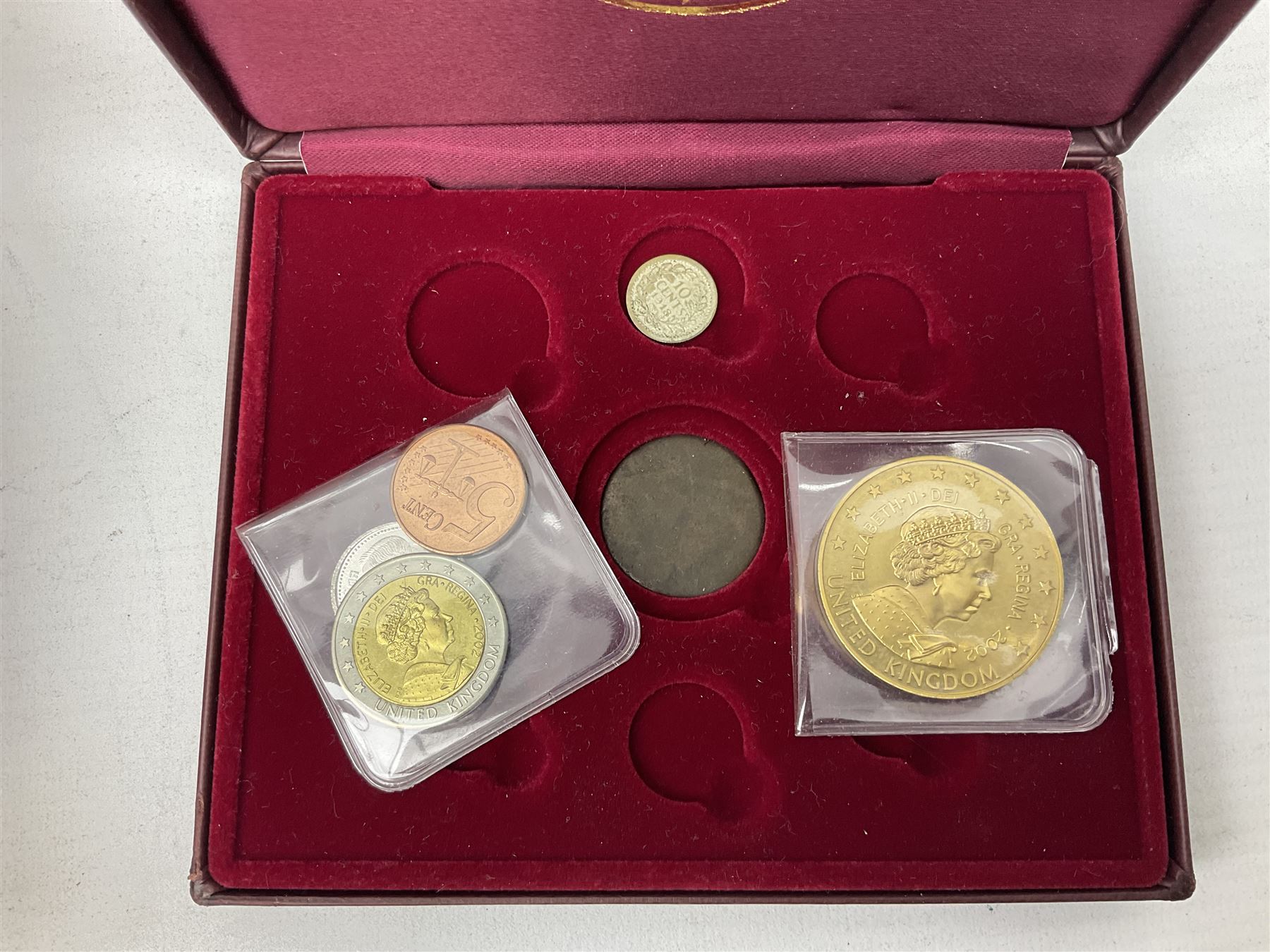 Coins and part sets, including Queen Elizabeth II Bailiwick of Guernsey 2002 silver proof five pounds, Solomon Islands silver proof five dollars and four other similar silver coins, Bailiwick of Guernsey 1997 silver proof one pound, part set of the 1981 commemorative proof coin collection (missing gold coins) etc