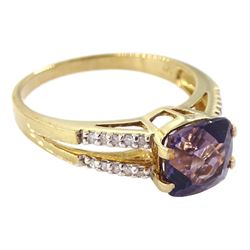 9ct gold single stone cushion cut amethyst ring, with diamond set shoulders, hallmarked