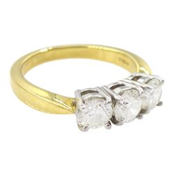 18ct gold three stone round brilliant cut diamond ring, hallmarked, total diamond weight approx 1.25 carat