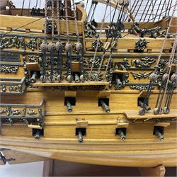 Large kit built scale model of 17th century Royal Navy warship 'HMS Sovereign of the Seas', upon wooden stand with engraved name plaque, H91cm, W111cm