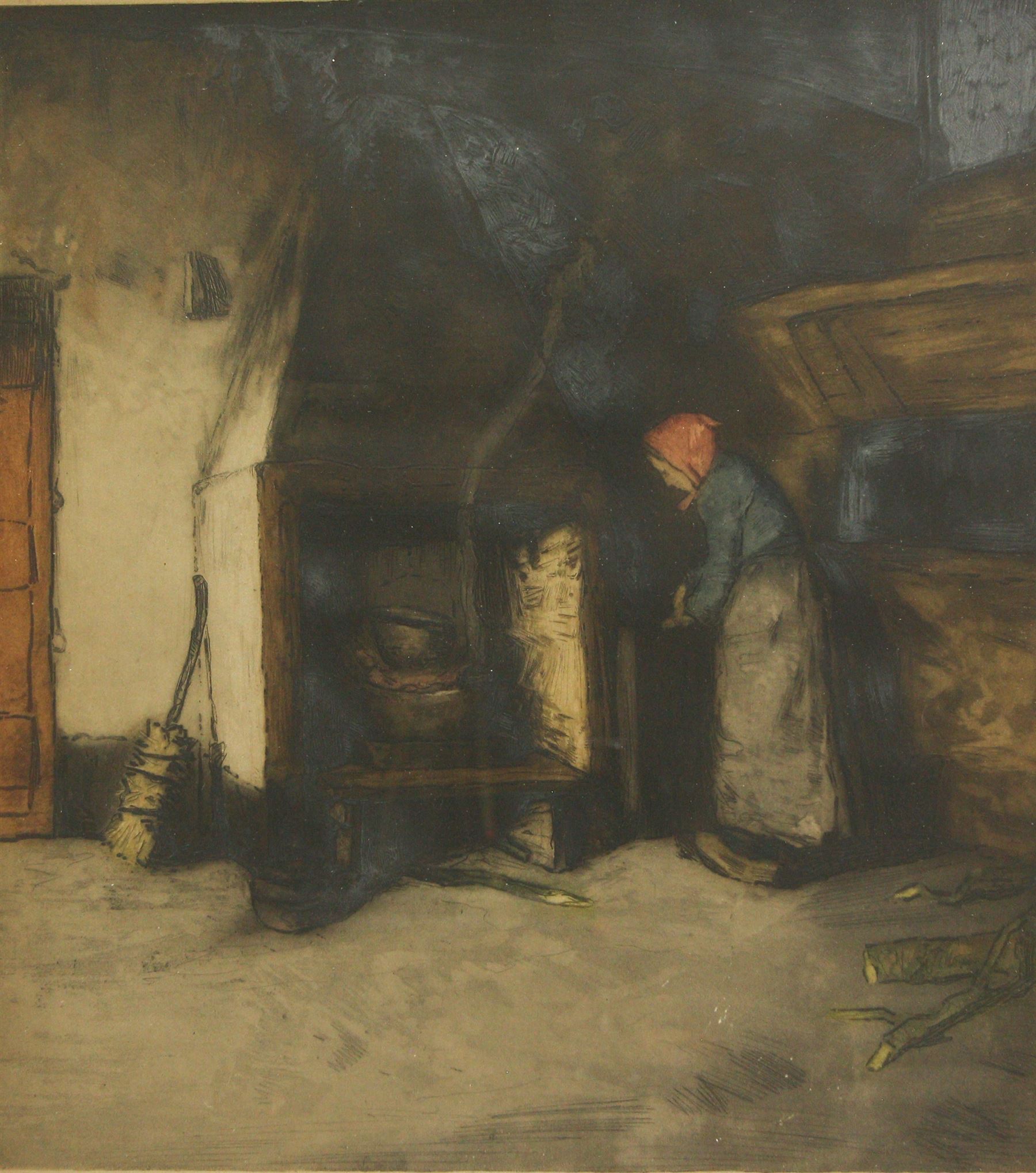 Emanuël Samson van Beever (Dutch 1876-1912): Interior Scene with Woman Tending to Fire, etching with aquatint signed in pencil and blind stamped, 36cm x 32cm 