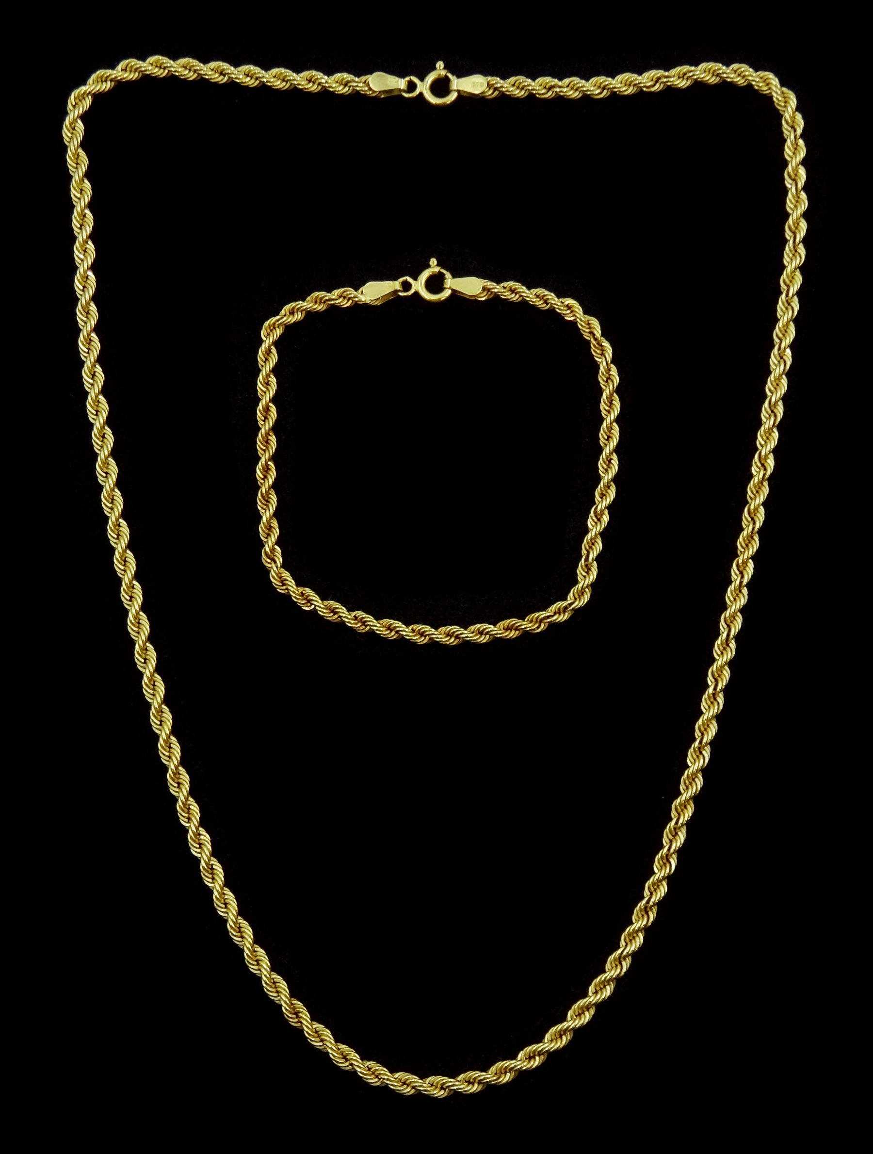 Gold rope twist link chain necklace and matching gold bracelet, both hallmarked 9ct