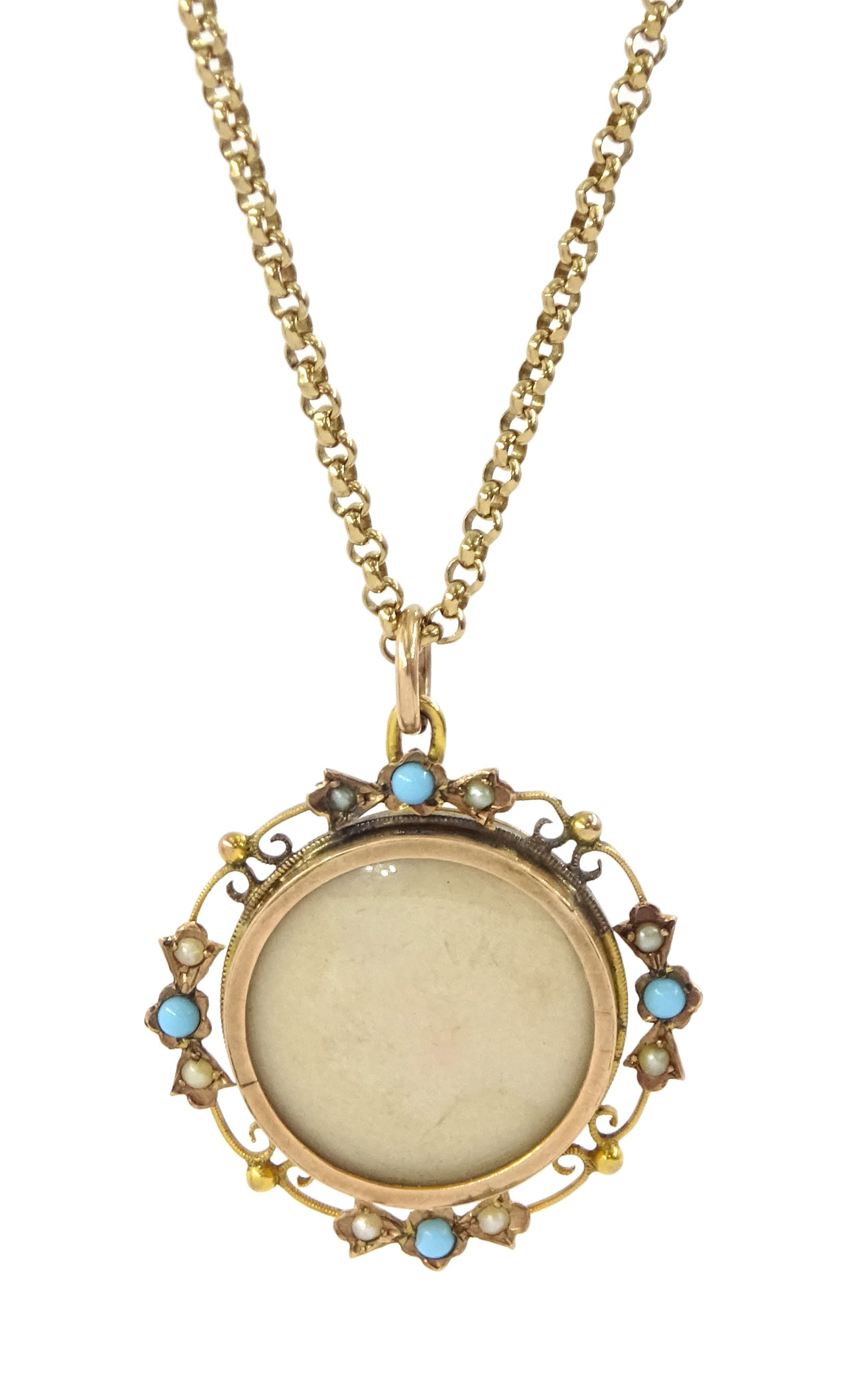 Early 20th century 9ct gold turquoise and seed pearl glazed locket pendant, on later 9ct gold link chain necklace