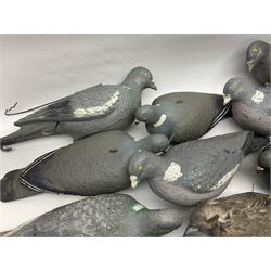 Fourteen Wood Pigeon decoys, together with camouflage netting