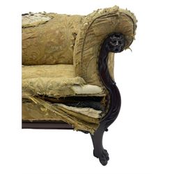 19th century mahogany settee, rolled S-scrolled arms carved with lion masks and acanthus leaf scrolls, the lower moulded rail carved with scrolling design, raised on carved paw feet with recessed brass and ceramic castors 