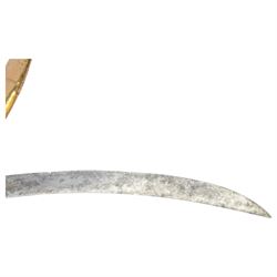 George III  British Grenadier Officer's private purchase scimitar, the 71.5cm curving blade with traces of bluing and gilding, brass hilt with D-shaped langets, one applied with a flaming grenade, knucklebow and chequered ivory grip; in leather covered scabbard with copper or brass mounts and two suspension rings, L86.5cm overall
This item has been registered for sale under Section 10 of the APHA Ivory Act 