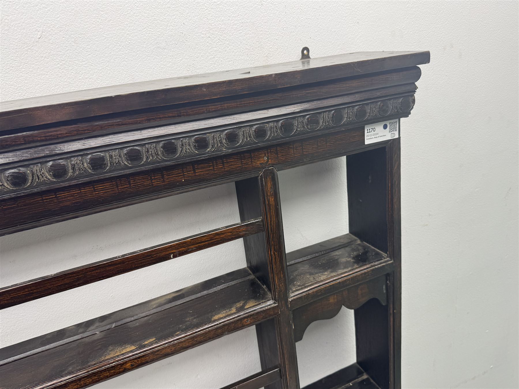 19th century oak delph rack, moulded cornice over four shelves 