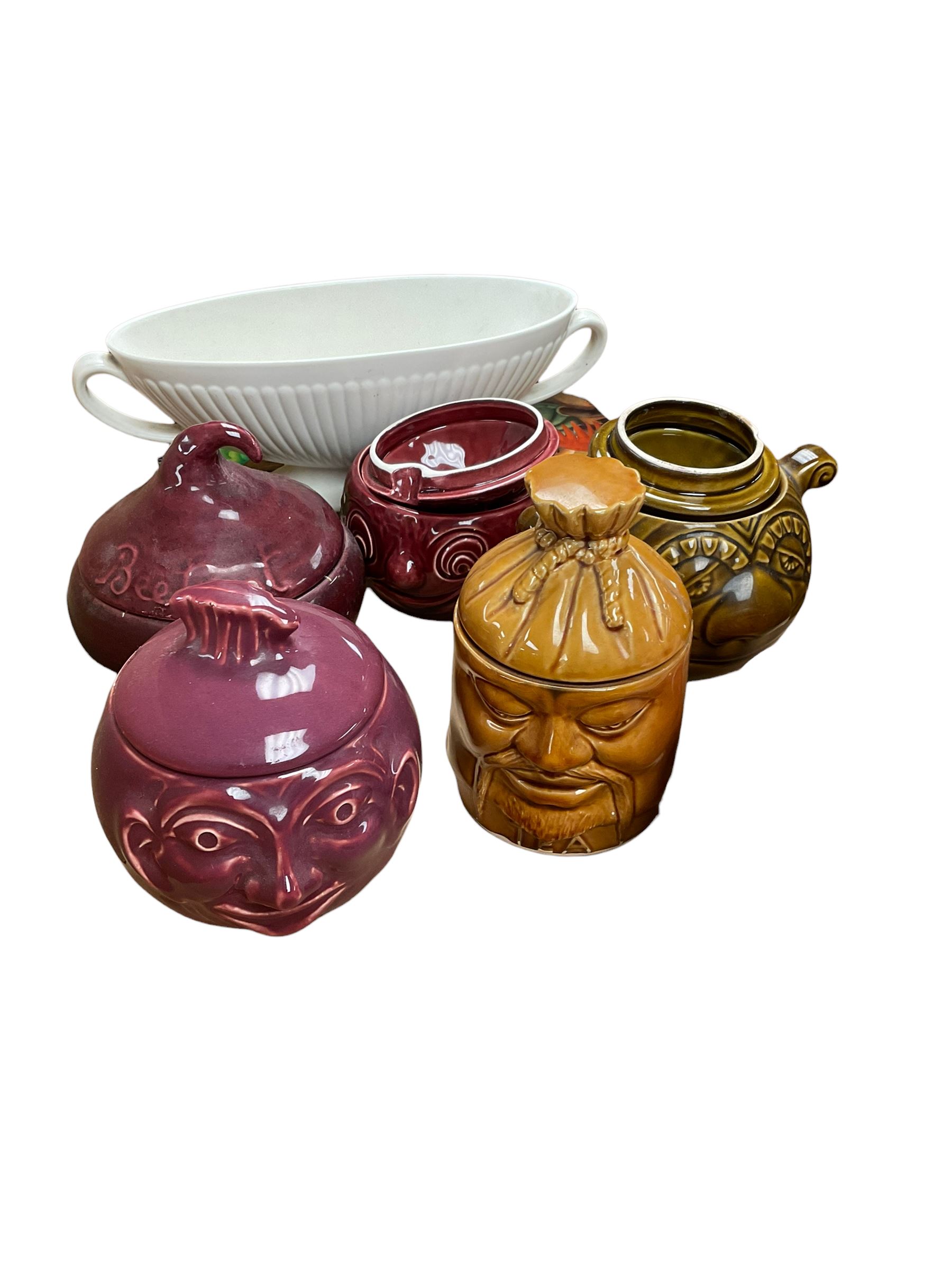 Six British pottery ceramic vegetable shaped condiments jars, including beetroot, onion, tea etc 