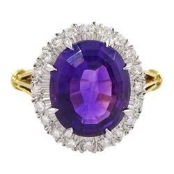 18ct gold oval cut amethyst and diamond cluster ring, hallmarked, amethyst approx 4.05 carat