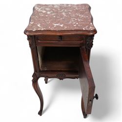 Early 20th century walnut bedside pot cupboard, shaped variegated rouge marble top within moulded frame, single drawer over single cupboard, the interior lined with white marble, cartouche carved cabriole supports with scrolled terminals 