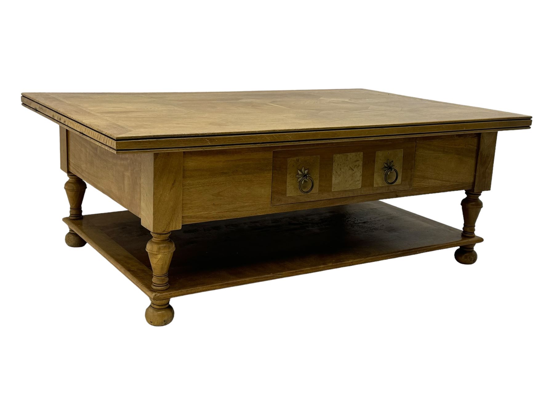 Barker & Stonehouse 'Flagstone' range mango wood coffee table, fluted rectangular top with marquetry inlay, over two drawers with turned supports connecting undertier, raised on bun feet 