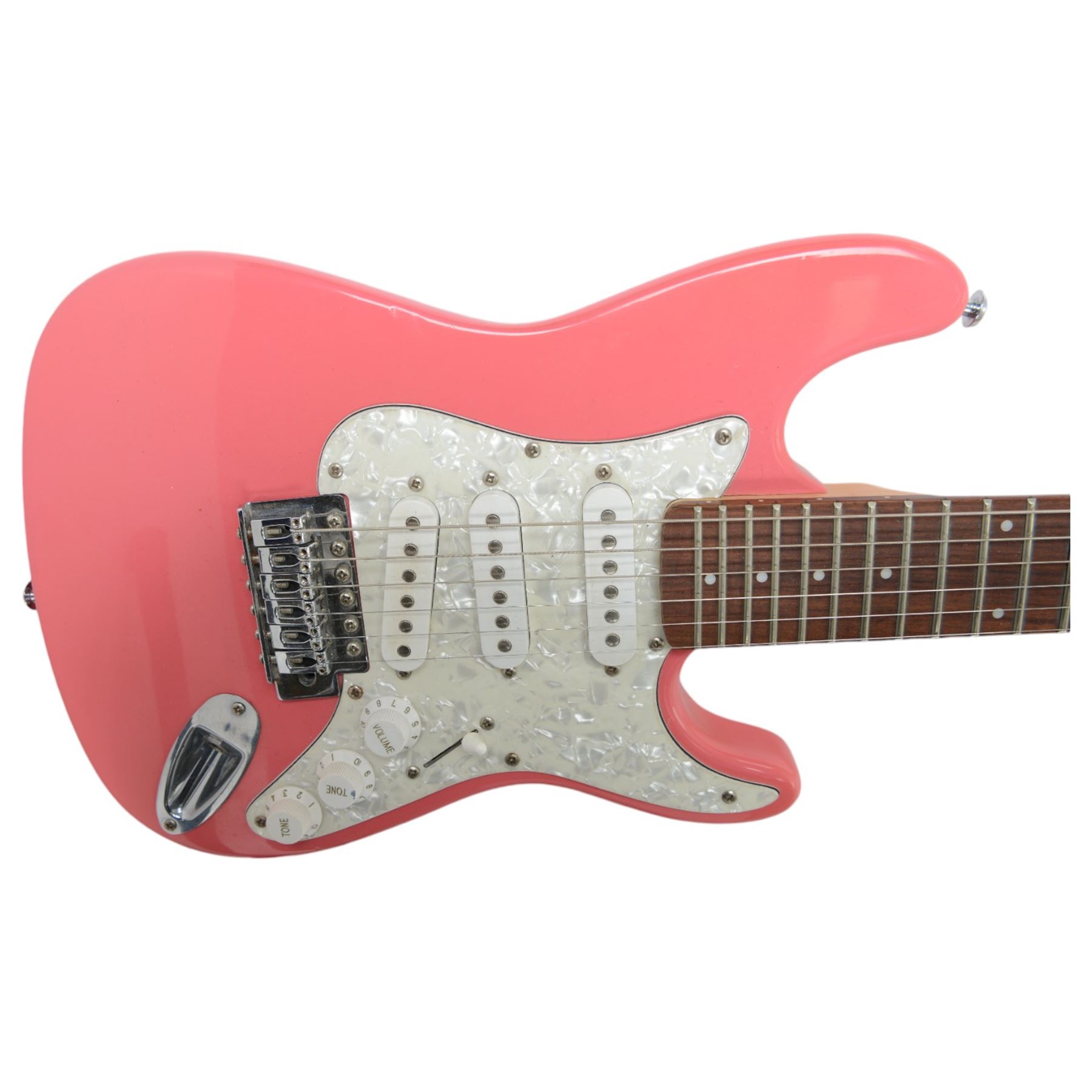 Dean Playmate 3/4 size left-handed electric guitar, in black finish, together with an Encore child's electric guitar, in pink finish, black H97cm, pink H81cm