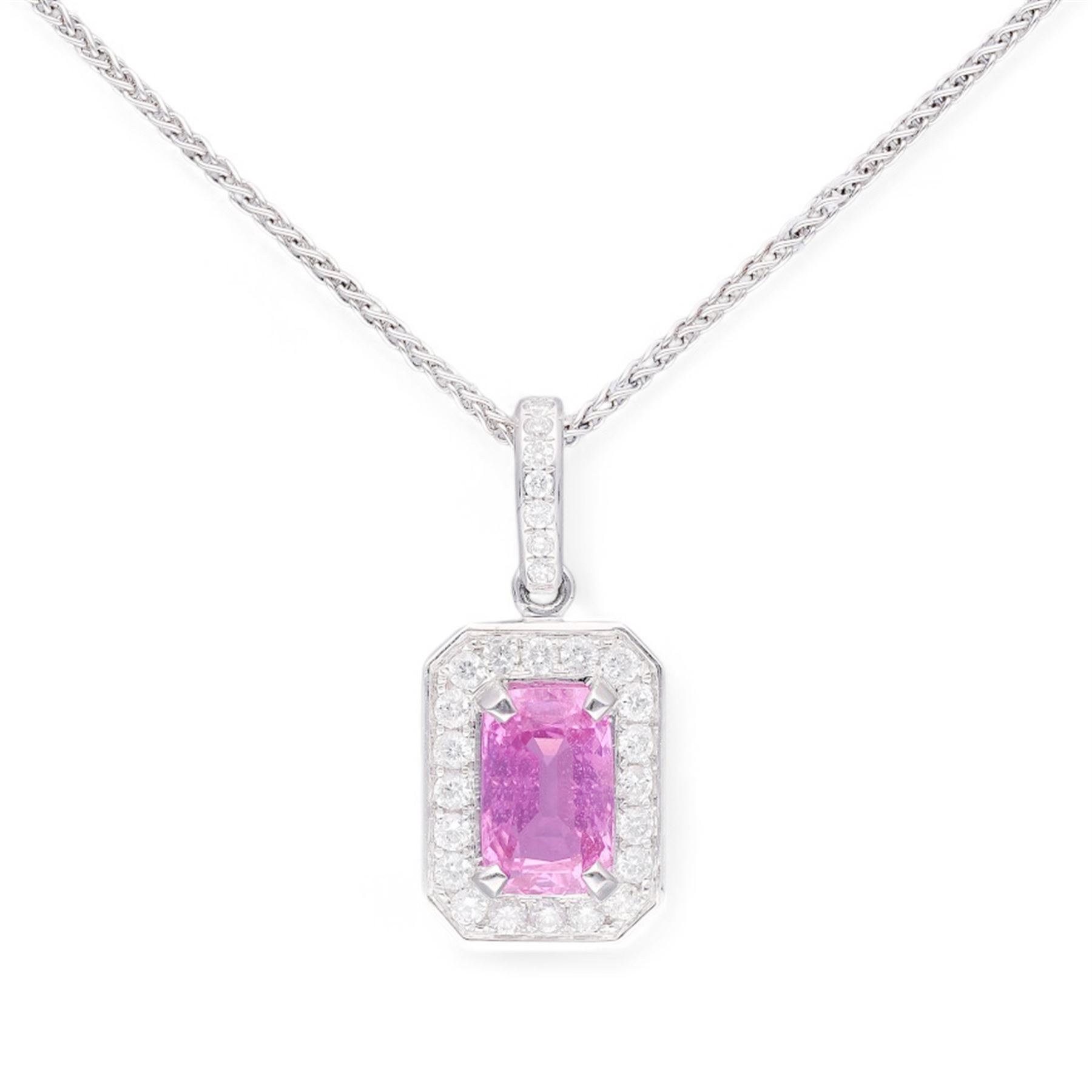 18ct white gold radiant cut pink sapphire and round brilliant cut diamond pendant necklace, hallmarked, pink sapphire 1.53 carat