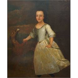 English Primitive School (Early to Mid-18th century): Full Length Portrait of a Girl Wearing a Blue Silk Gown with her Greyhound Holding a Dagger, oil on canvas unsigned, labelled verso 116cm x 96cm