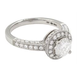 Platinum single stone round brilliant cut diamond ring, with pave set diamond surround, gallery and shoulders, principal diamond approx 0.90 carat, with platinum diamond set band, both hallmarked