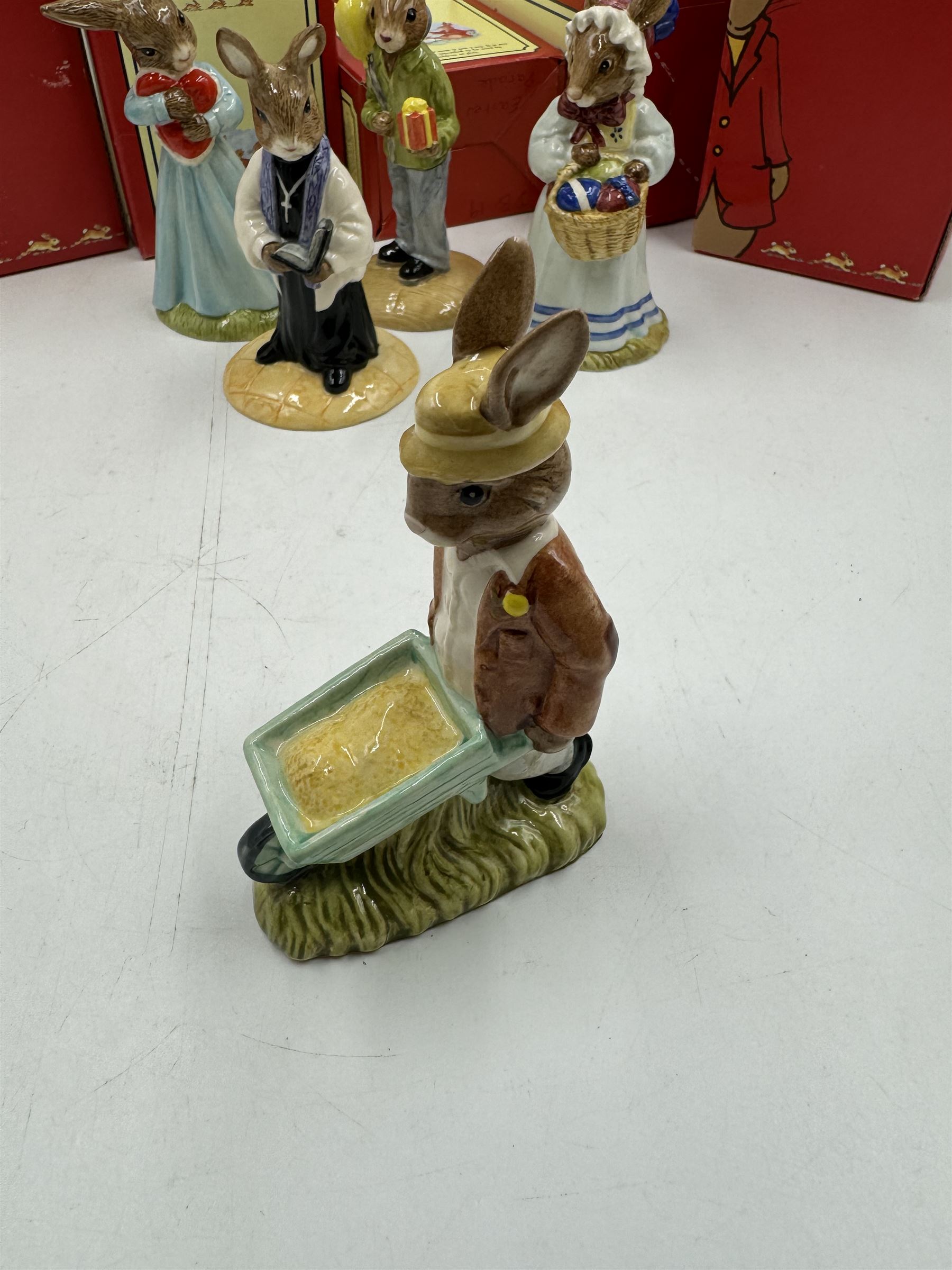 Five Royal Doulton Bunnykins, comprising Love Heart, Congratulations, Gardener, Vicar and Easter Parade all with original boxes 