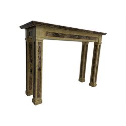 Rectangular console table, variegated marble top, on square supports with block feet 