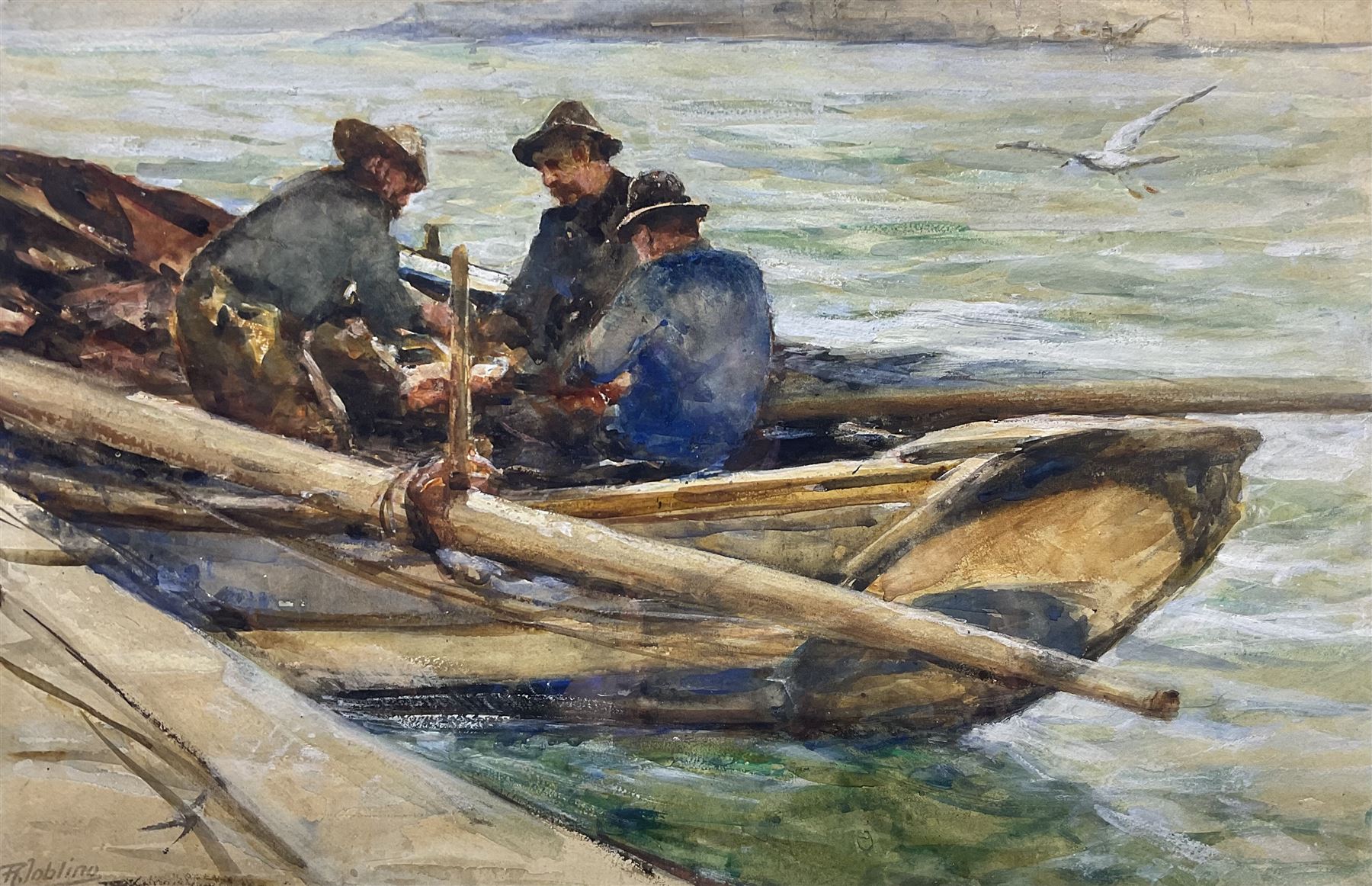 Robert Jobling (Staithes Group 1841-1923): Preparing the Coble at Runswick Bay, watercolour and gouache signed 32cm x 50cm