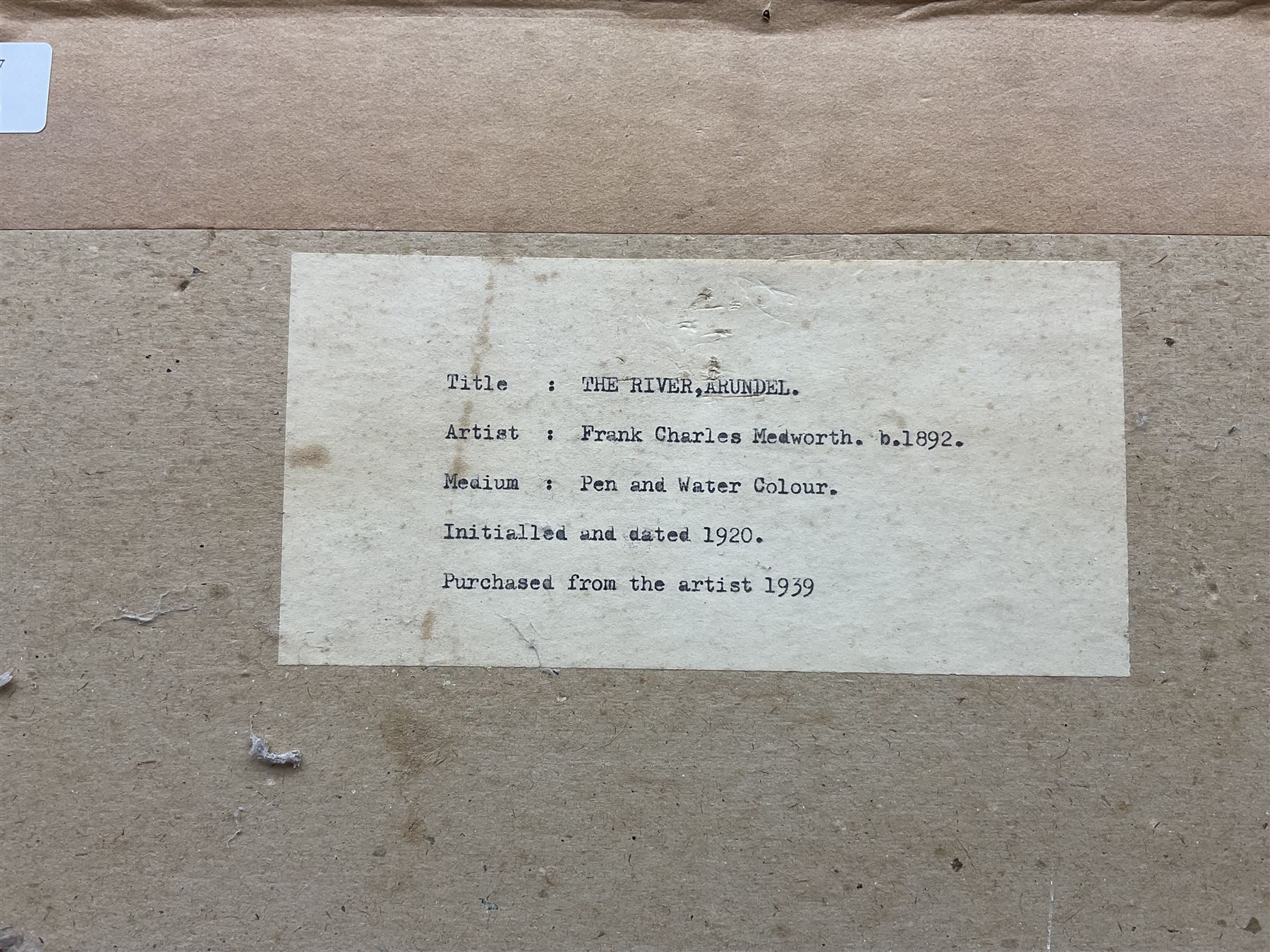 Frank Charles Medworth (British 1892-1947): 'The River Arundel', watercolour pen and ink signed with monogram and dated 1920, titled verso 23cm x 30cm
Provenance: private collection; purchased from the artist 1939
