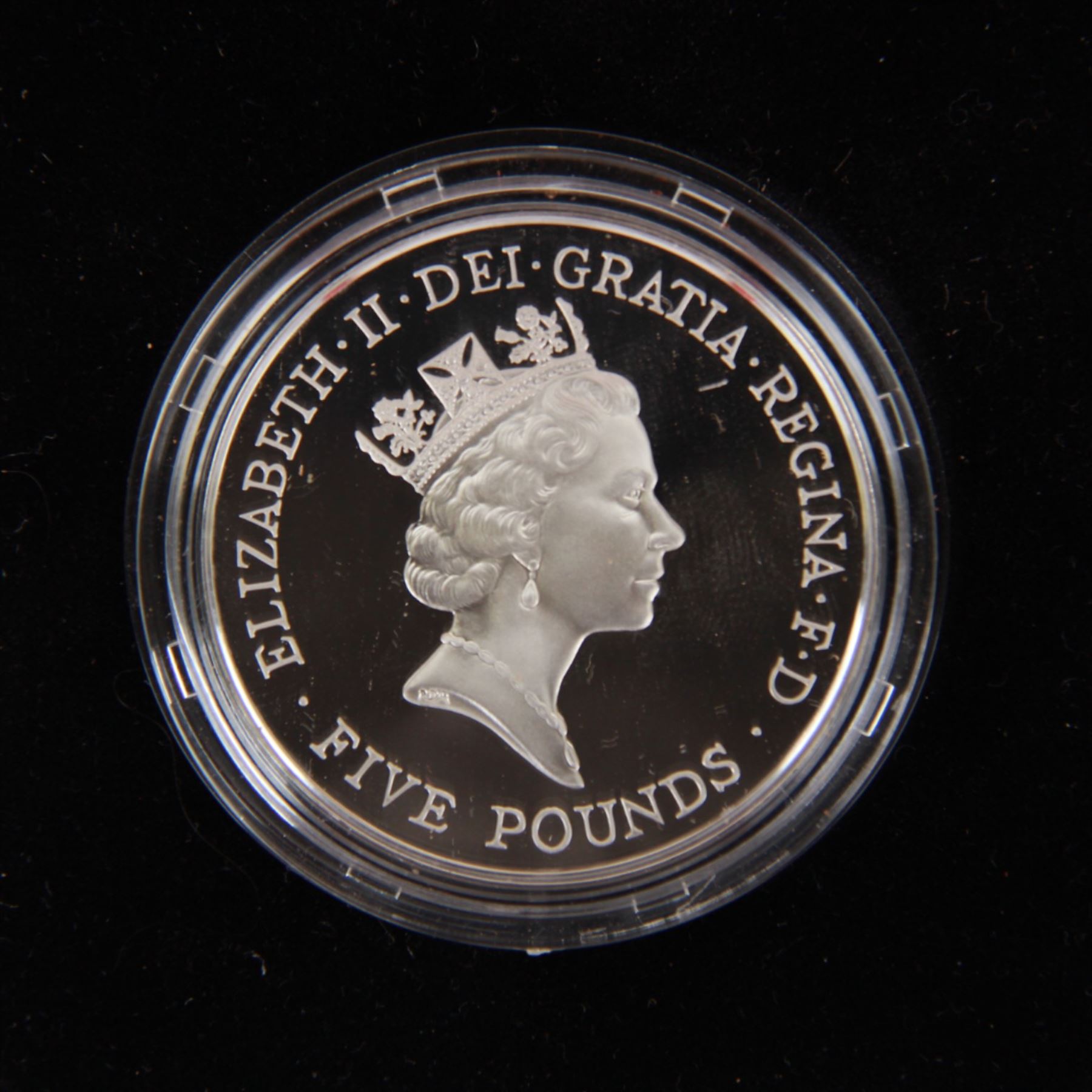 Four The Royal Mint United Kingdom silver proof coins, comprising 1977 'Silver Jubilee' crown, 1981 'Commemorating the Marriage of His Royal Highness The Prince of Wales and Lady Diana Spencer' crown, 1996 'Her Majesty Queen Elizabeth II 70th Birthday' five pounds and 1997 'Golden Wedding Anniversary' five pounds, all cased with certificates