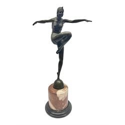 Art Deco style bronze, after Philipp, modelled as a dancer with her arms outstretched and one leg raised, on a veined marble tapering base signed Philipp and with foundry seal, H58cm